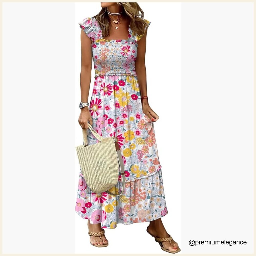 Sleeveless Maxi Dress Square Neck Smocked Boho Casual Flowy A-Line Sundress